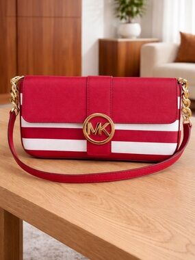 ❤️Michael Kors Red and White Striped Shoulder Bag with Gold MK Accent